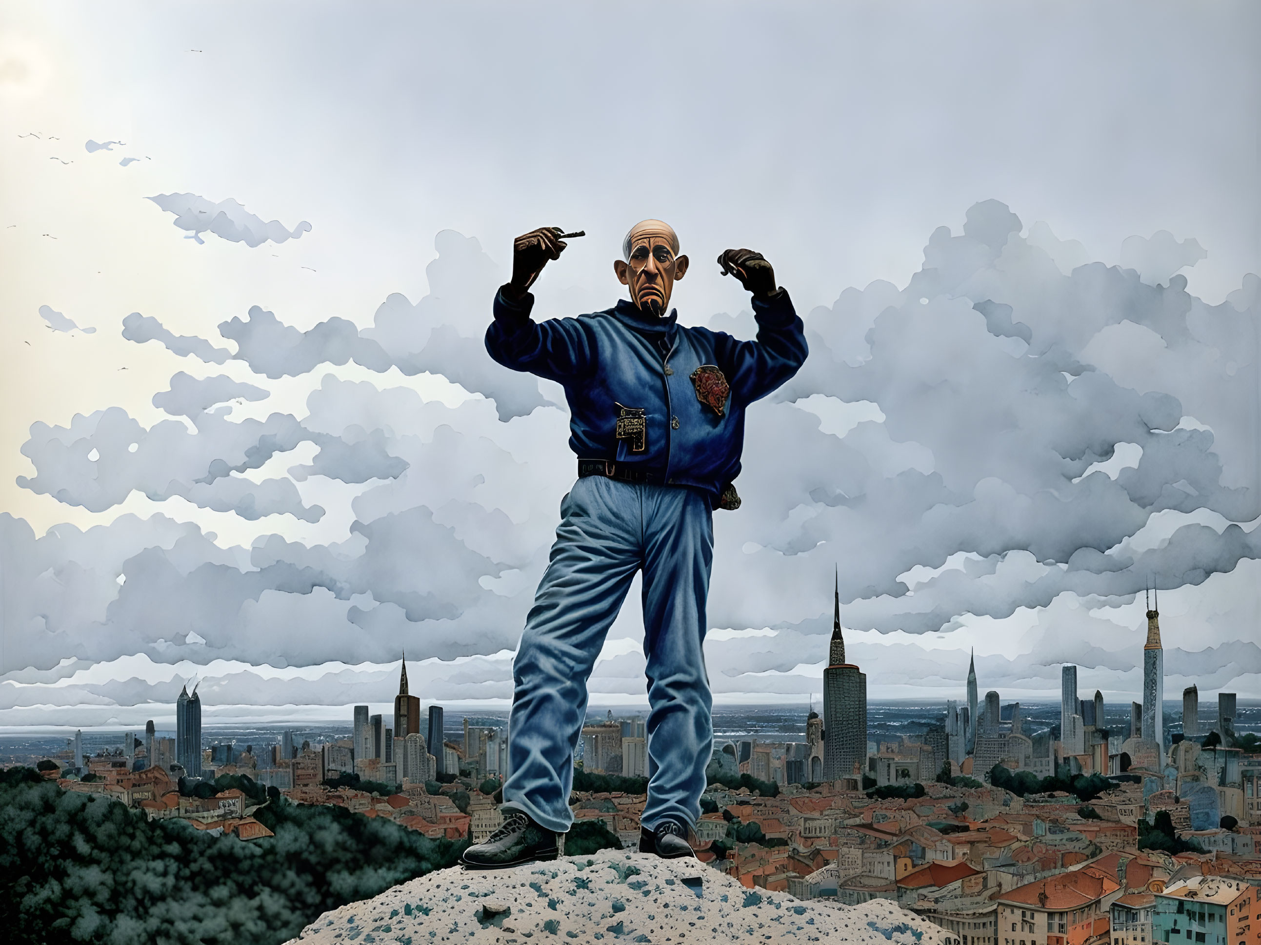 Elderly animated character in blue overalls overlooking stormy cityscape