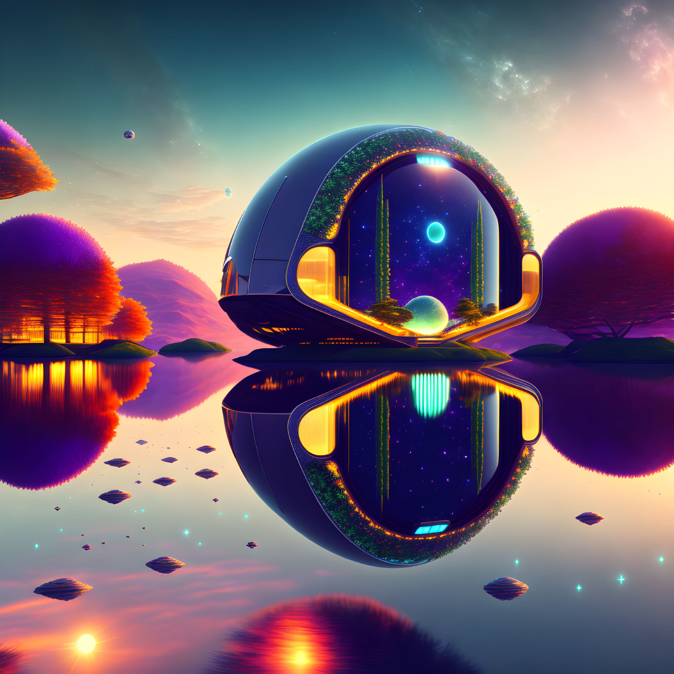 Reflective spherical structure in surreal landscape with colorful skies and glowing flora