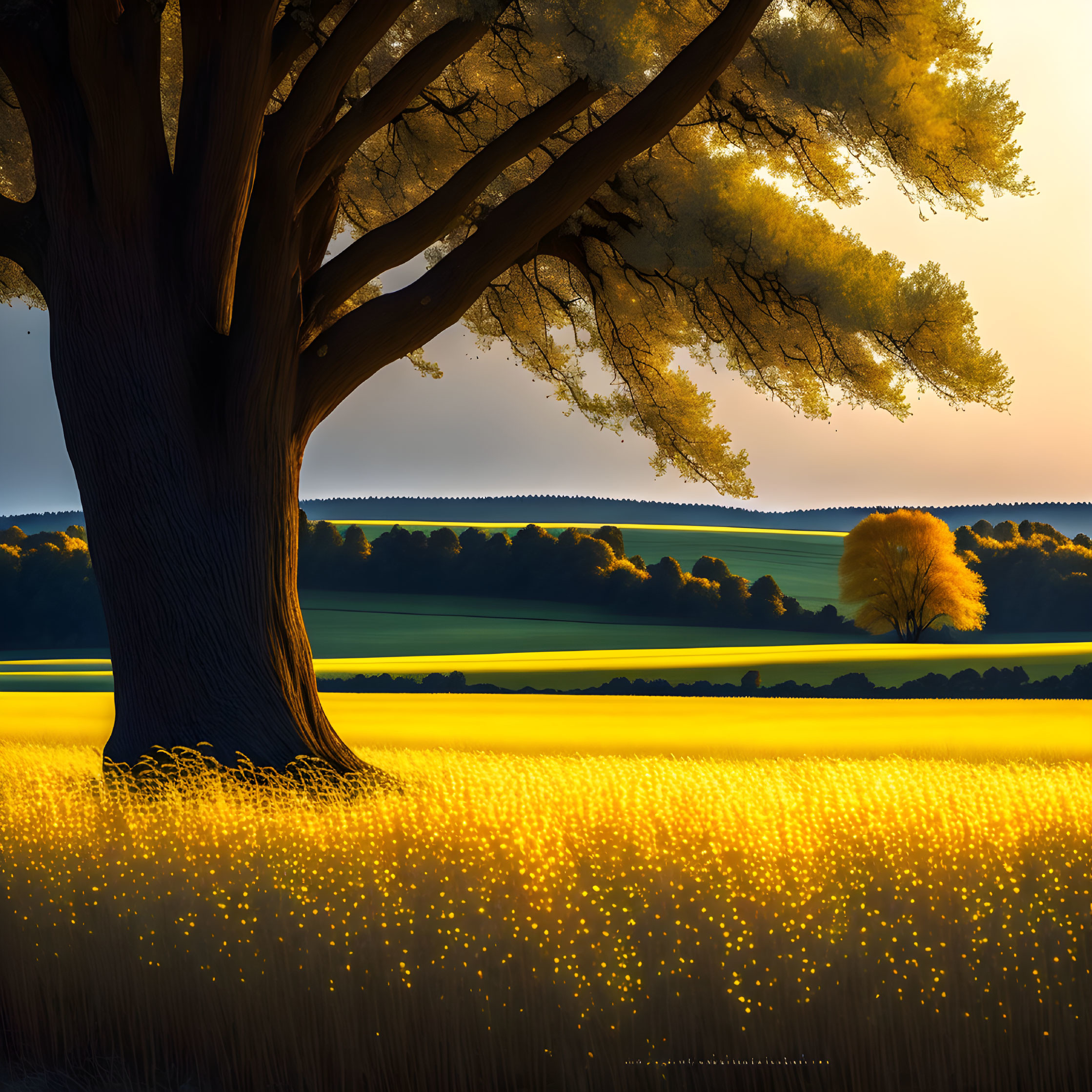 Majestic tree in golden field under warm sky