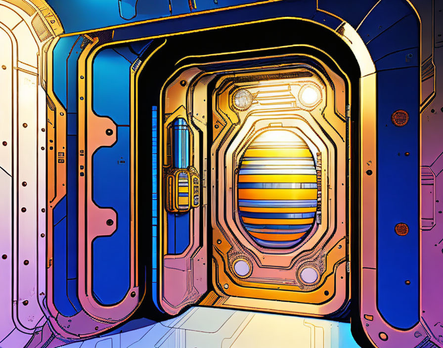 Vibrant Sci-Fi Corridor with Open Hatch and Futuristic Architecture