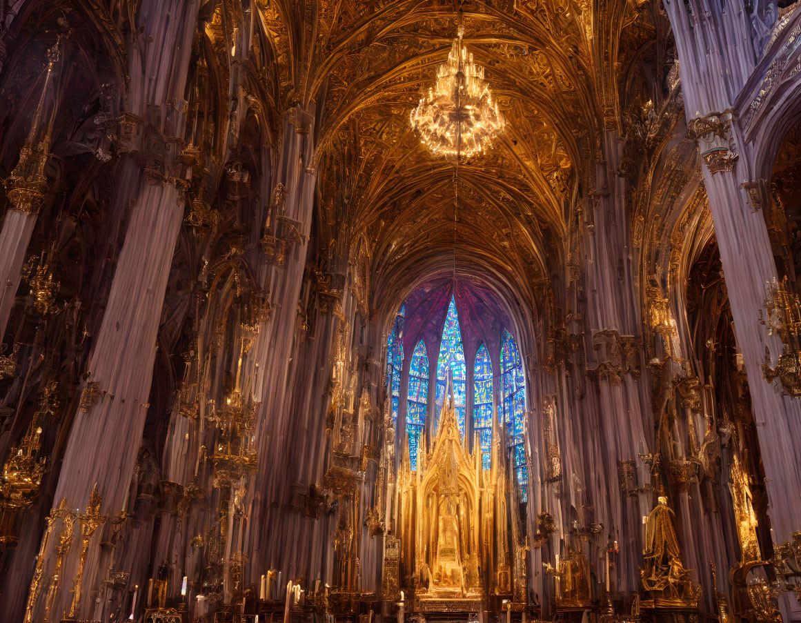 Gothic Cathedral Interior: Vaulted Ceilings, Gold Detailing, Chandelier, St