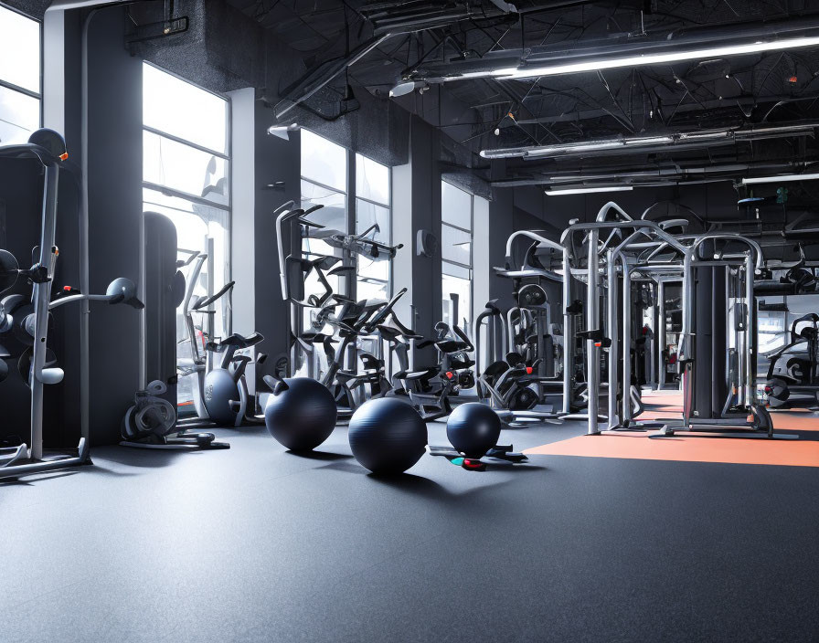 Contemporary gym interior with strength training equipment and exercise balls