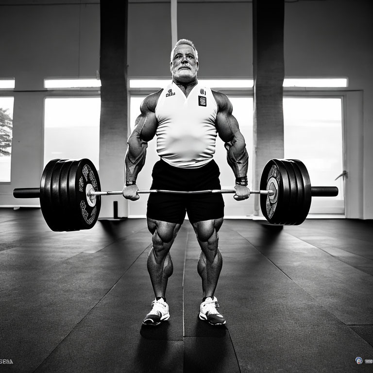 Muscular Person Lifting Heavy Barbell in Monochrome Gym