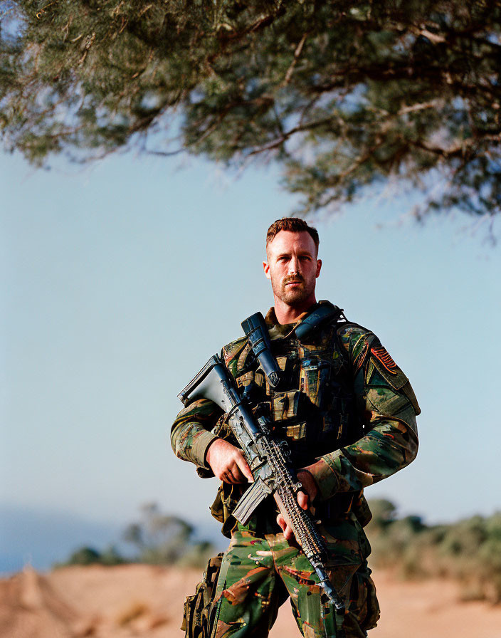 Camouflage soldier with rifle in forest landscape