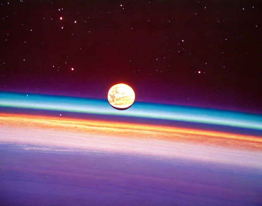 Earth's horizon from space: sunrise, atmospheric layers, starry backdrop