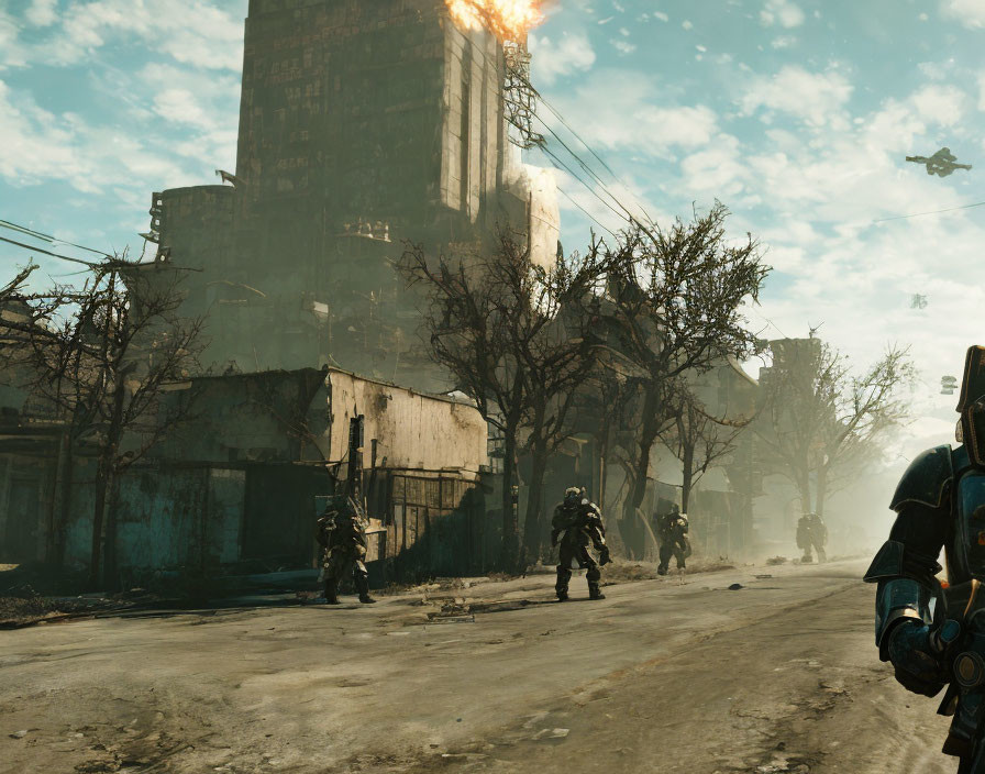 Futuristic soldiers in armor navigate war-torn street with burning building and drone.