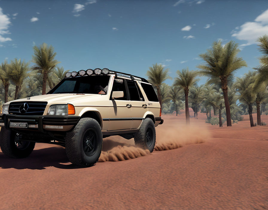 Vintage White Mercedes SUV Driving on Dusty Desert Road