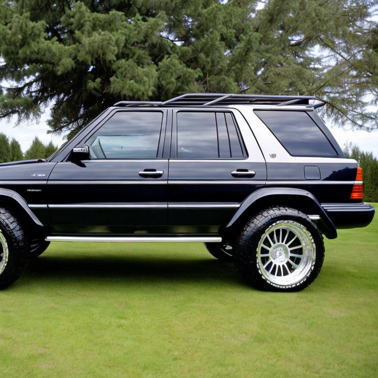 Black luxury SUV with chrome rims parked on green grass