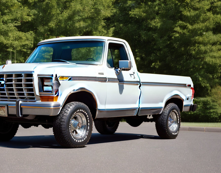 Classic White Pickup Truck with Blue Stripes on Asphalt Road