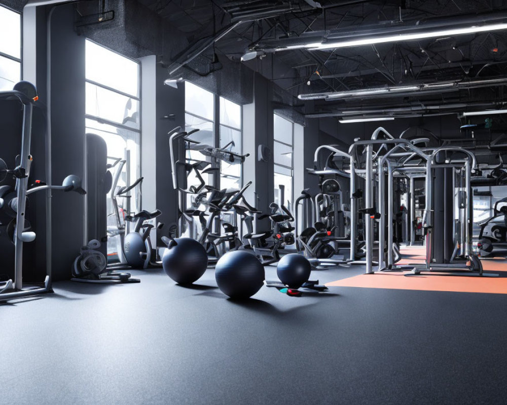 Contemporary gym interior with strength training equipment and exercise balls