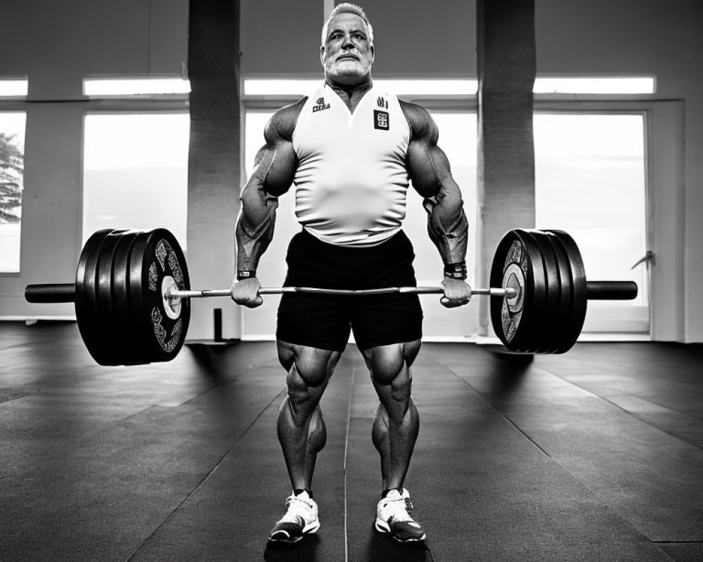 Muscular Person Lifting Heavy Barbell in Monochrome Gym