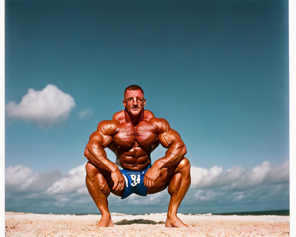 Muscular person crouching on sandy beach under blue sky