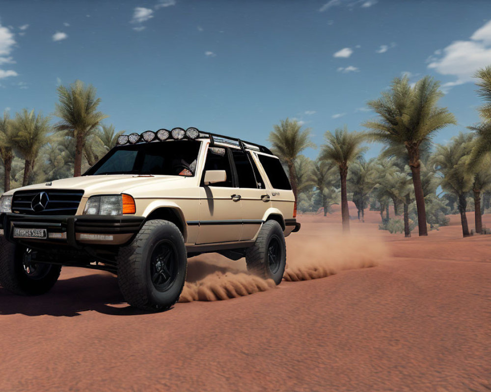 Vintage White Mercedes SUV Driving on Dusty Desert Road