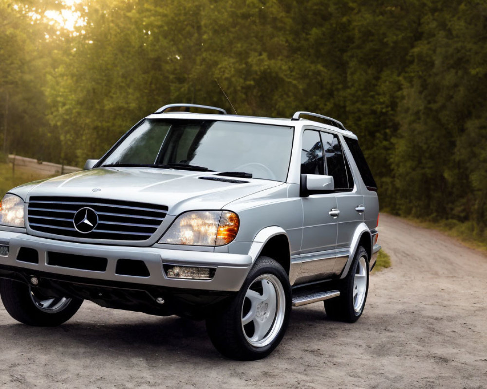 Silver Mercedes-Benz SUV parked on gravel road surrounded by green trees