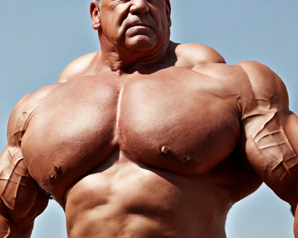 Muscular Person with Prominent Chest and Arms Against Clear Sky