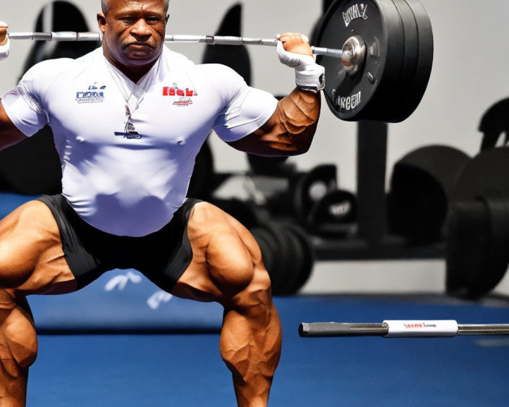 Muscular Person Demonstrating Barbell Squat in Gym