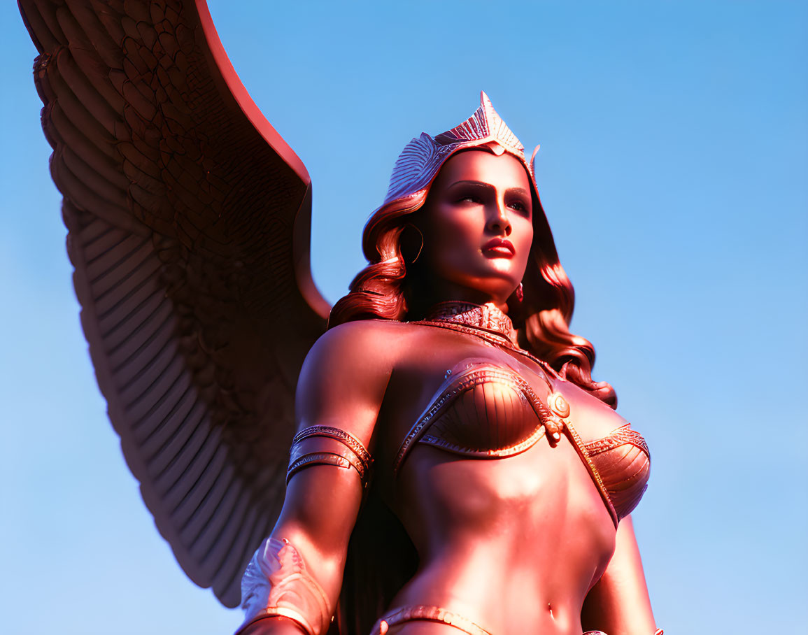 Female warrior digital artwork with golden armor and wings on blue sky background