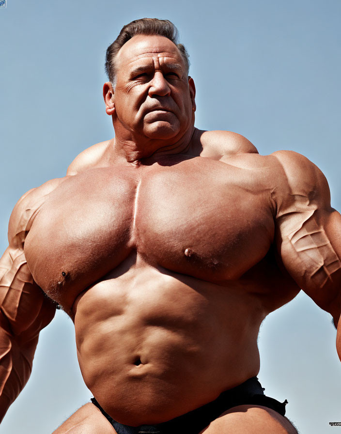 Muscular Person with Prominent Chest and Arms Against Clear Sky