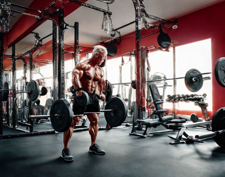 Muscular Person Lifting Barbell in Red-Walled Gym