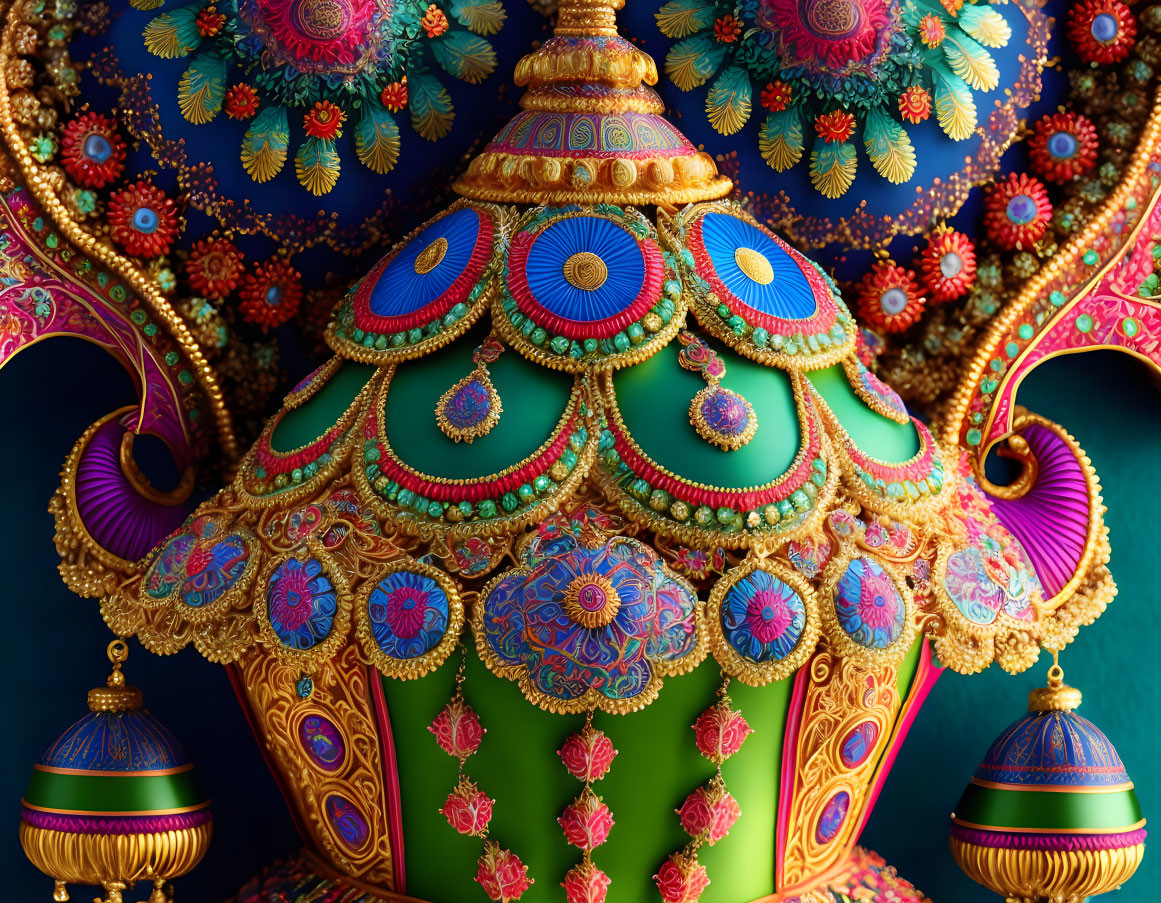 Colorful ornate pot with peacock feather motifs, gold embossing, and jewel adornments