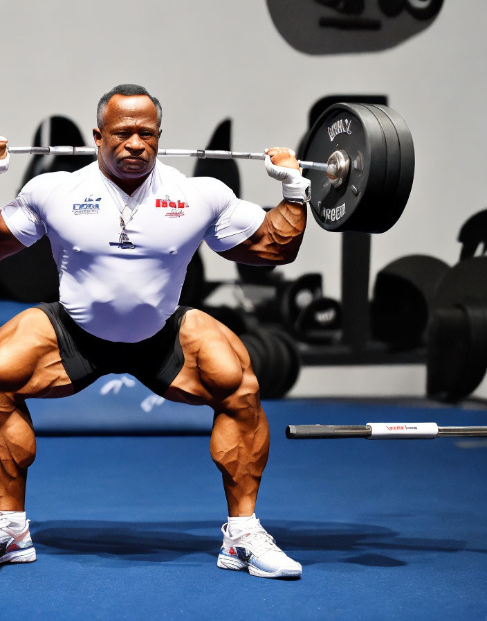 Muscular Person Demonstrating Barbell Squat in Gym