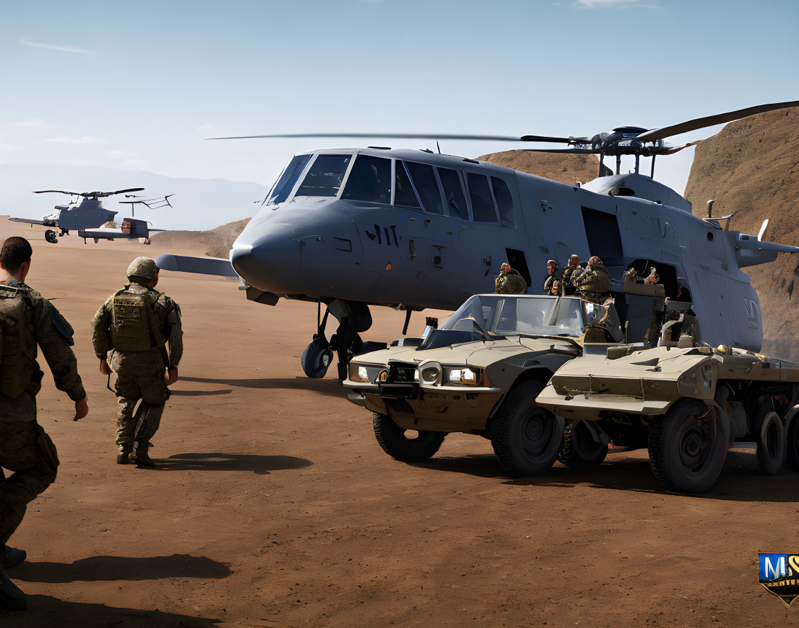 Military helicopters, soldiers, vehicle, and mounted gun on desert landing zone