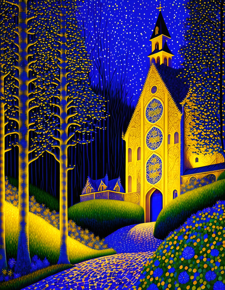 Golden church under luminous night sky with glowing flora and dark trees