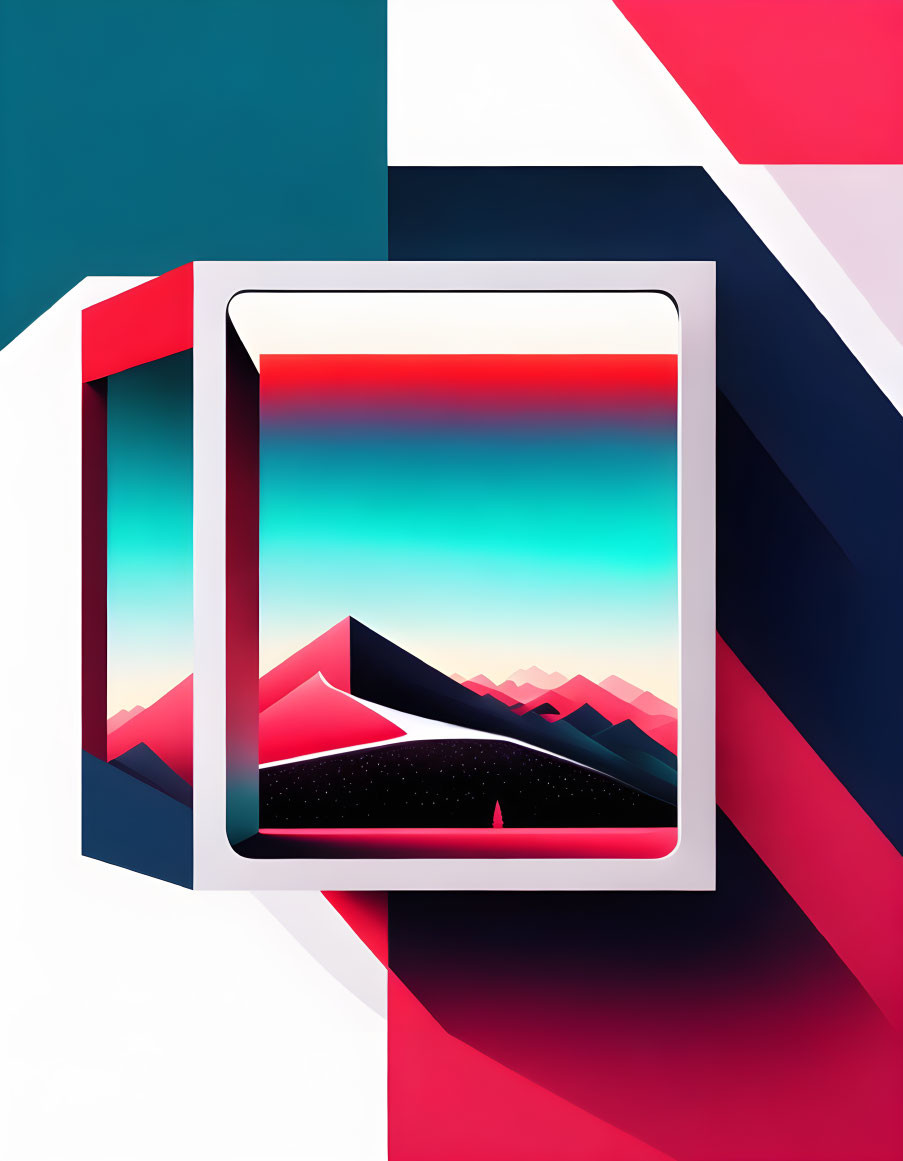 Abstract image: Frame within a frame, surreal landscape with mountains, gradient sky, geometric multicolored