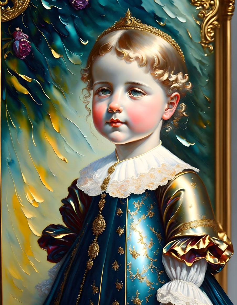 Young Child in Blue and Gold Outfit Against Abstract Background