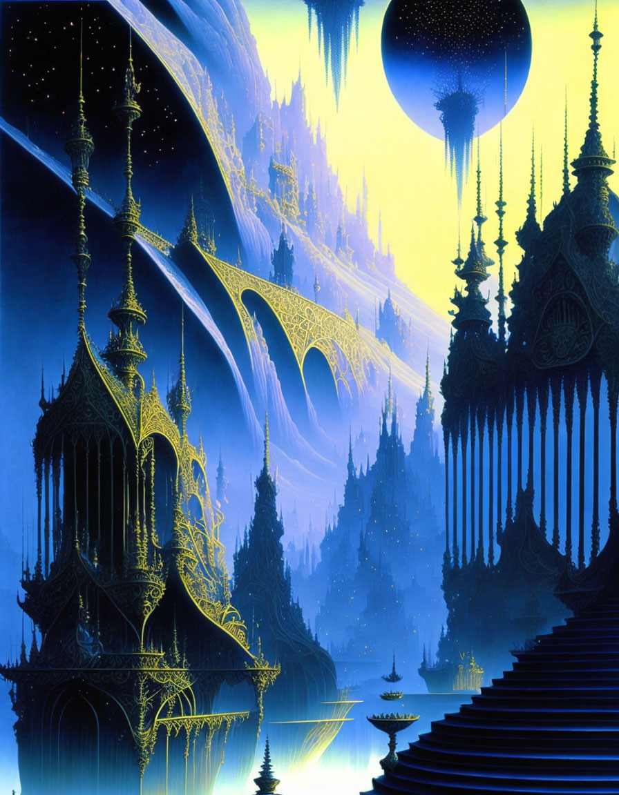 Fantasy landscape with ornate spire-filled architecture & vibrant blue hues