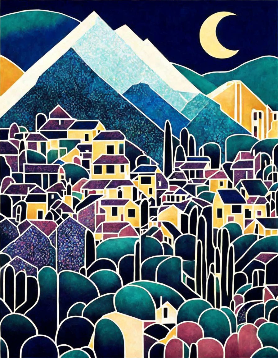 Vibrant village mosaic under crescent moon