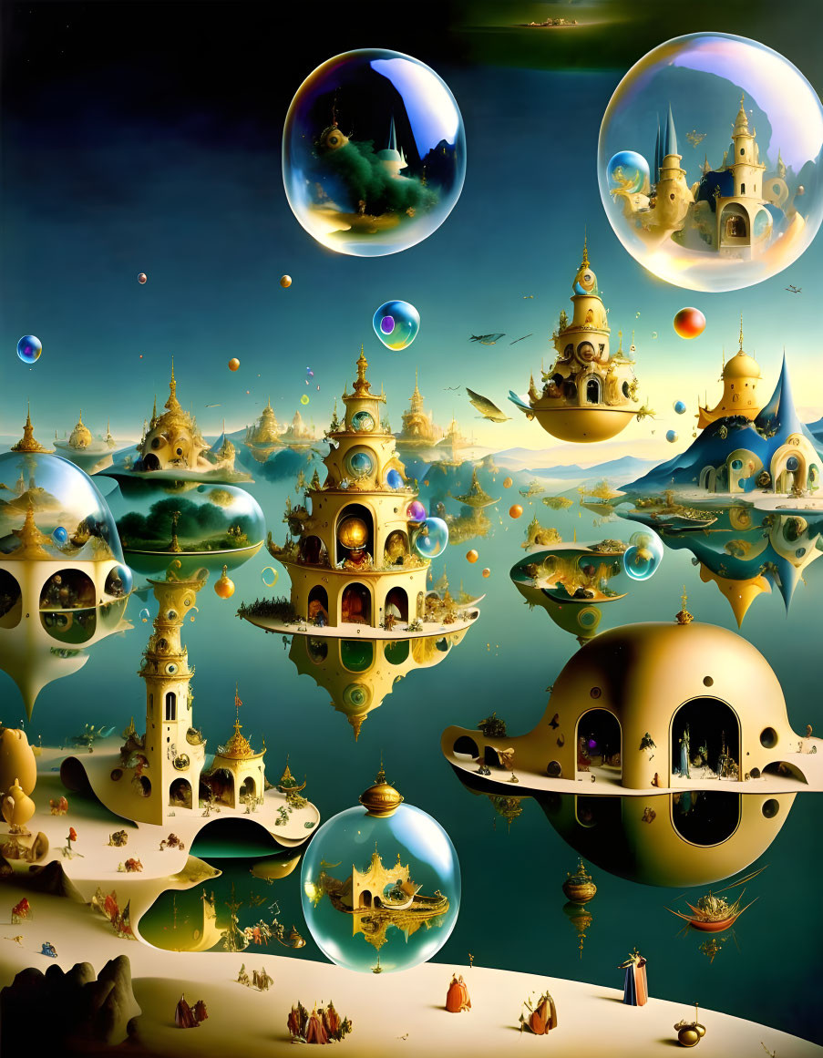 Fantastical floating castles in bubbles with starry skies and golden structures