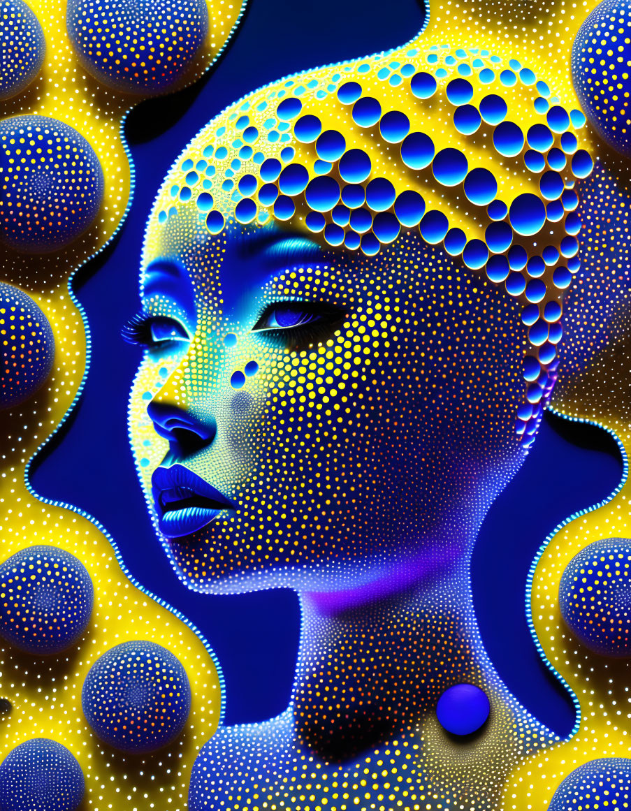 Digital artwork: Woman's face with dotted yellow and blue skin tones, surrounded by spheres on navy blue