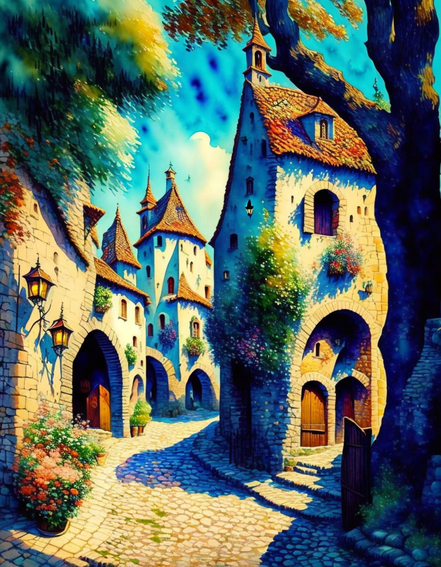 Colorful fairytale village with cobblestone paths and medieval houses surrounded by lush flora and towering