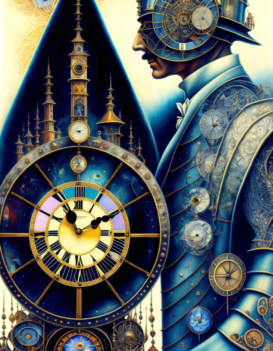 Steampunk-inspired illustration with clockwork figure and gothic details