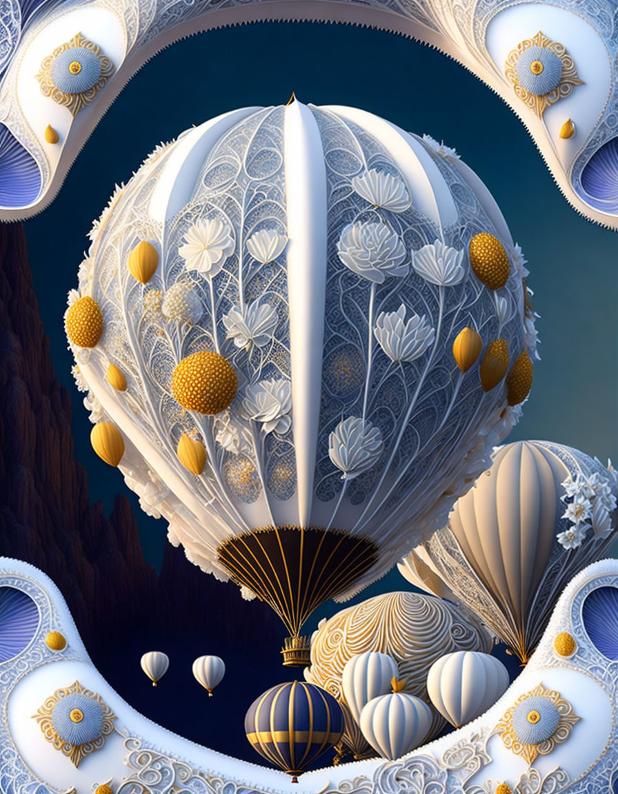 Detailed White and Gold Hot Air Balloon Art with Fantasy Elements