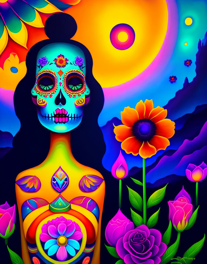 Vibrant Day of the Dead Skeleton Artwork on Celestial Background