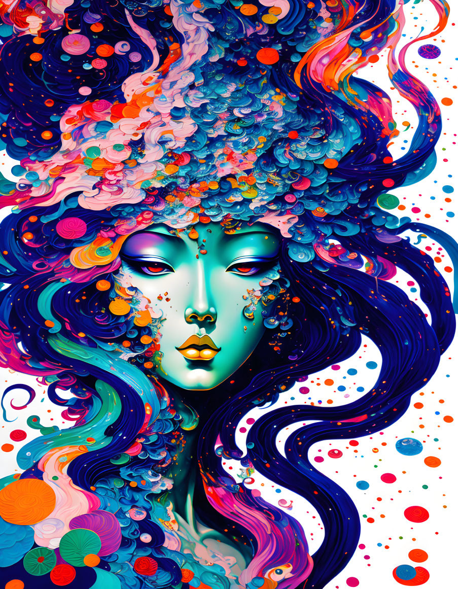 Vibrant woman illustration with swirling hair and bubbles