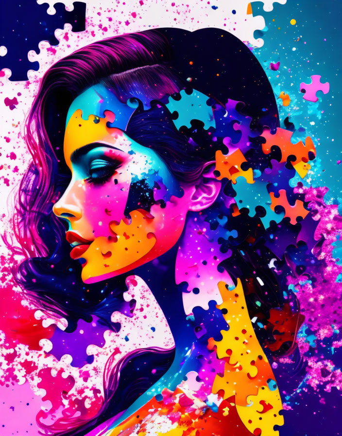 Colorful Digital Artwork Featuring Woman's Profile with Puzzle Pieces and Cosmic Background