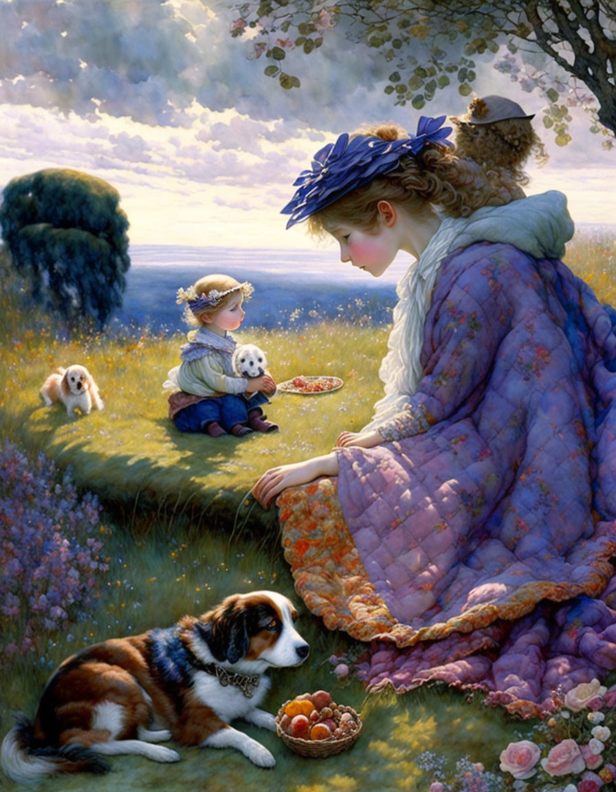 Two children, two dogs in grassy field with flowers, child feeding dog, serene pastel-colored