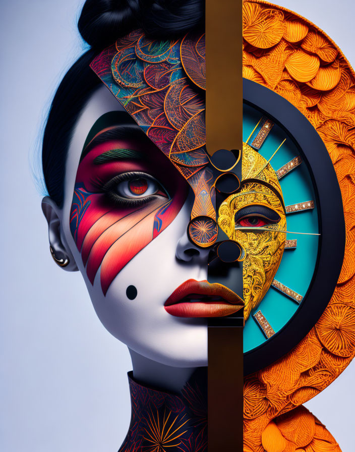 Colorful clock-like patterns on woman's face in abstract digital art