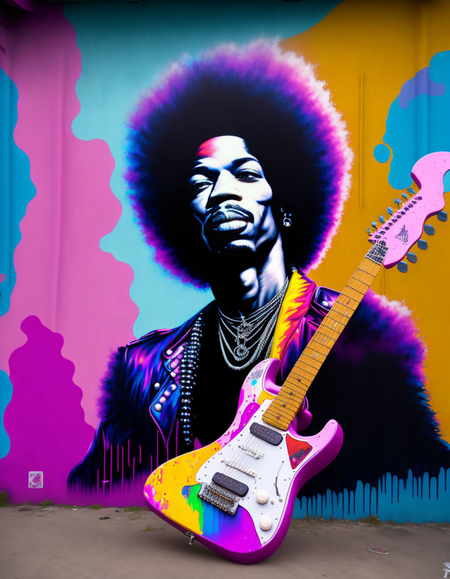 Colorful mural of legendary guitarist with afro and electric guitar on vibrant background.