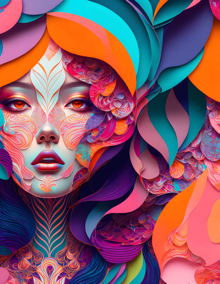 Vibrant digital artwork: stylized face with floral patterns in orange, blue, and pink