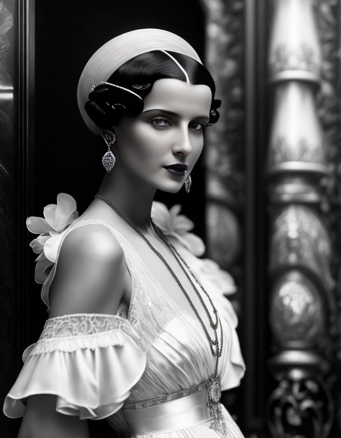 Monochrome 1920s portrait of woman in vintage attire