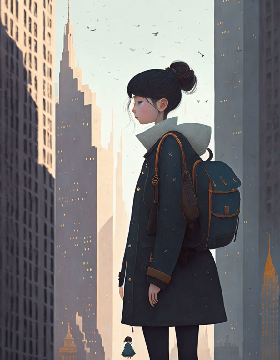 Girl in coat and backpack surrounded by skyscrapers and birds in city dusk scene