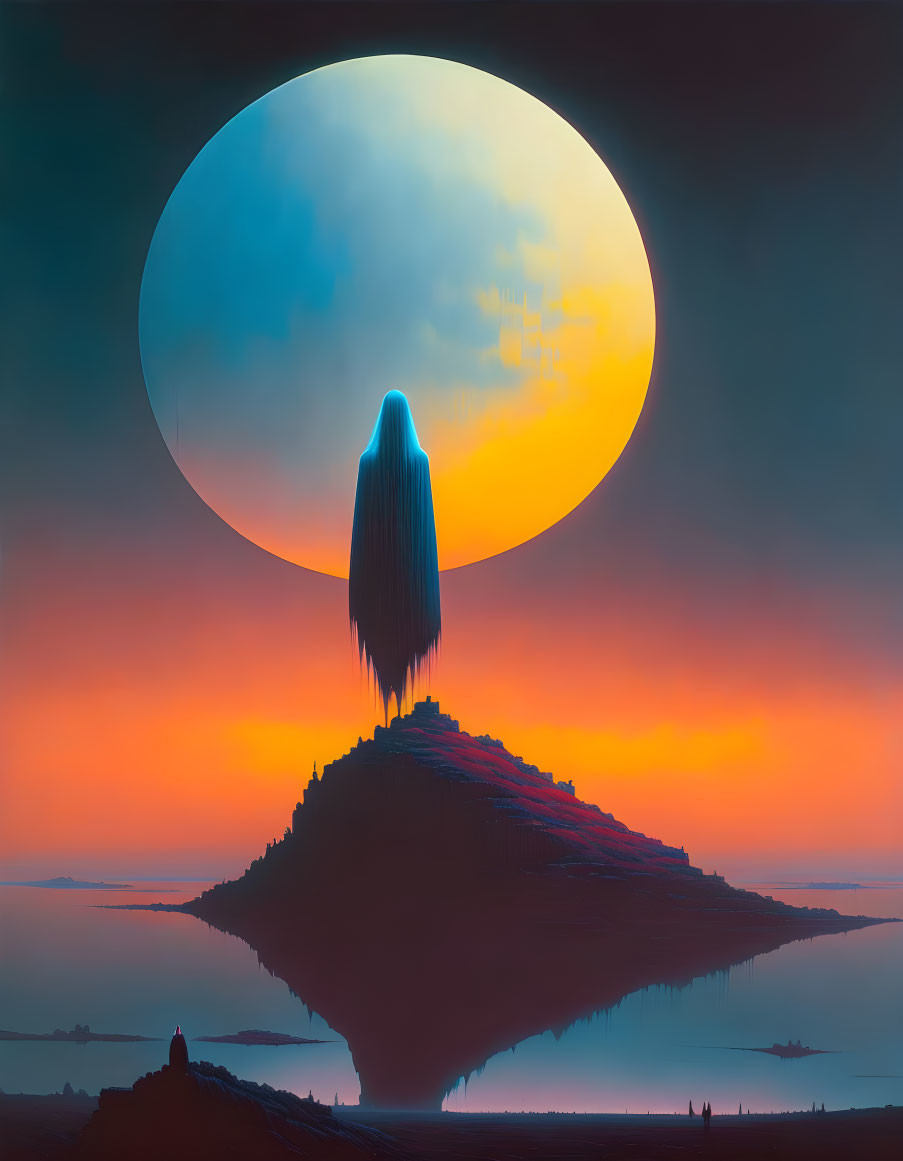 Surreal landscape with large moon, monolithic tower, and vibrant sky