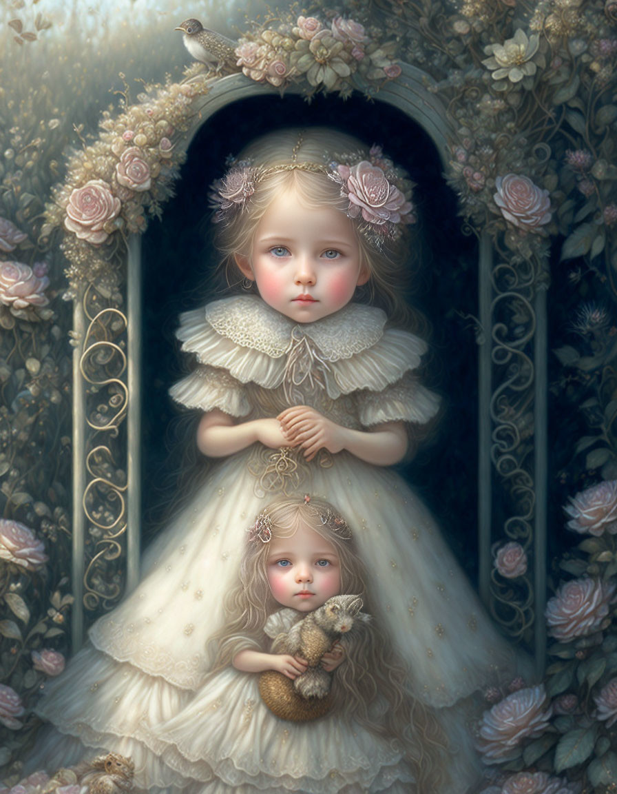 Ethereal painting: two girls with expressive eyes, roses, vintage decor