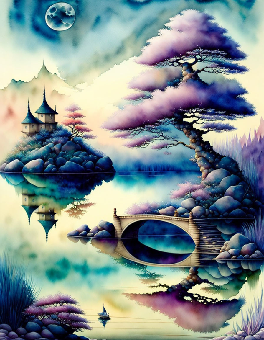 Moonlit fantasy landscape with cherry blossoms, bridge, and misty castles