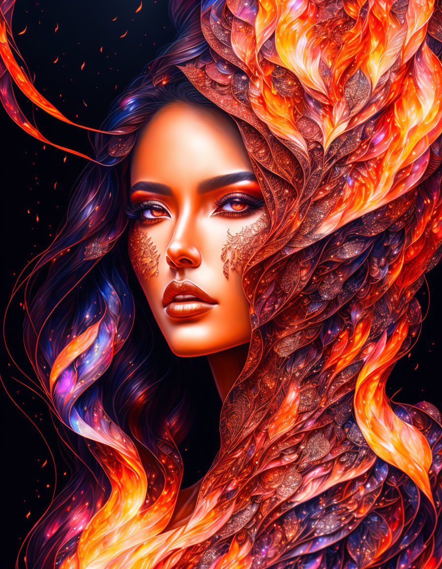 Digital artwork: Woman with fiery wings and hair in phoenix motif on dark background