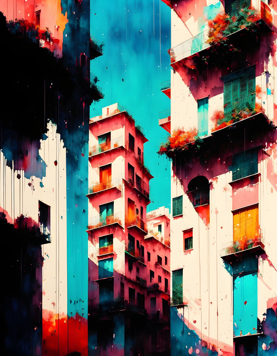 Vibrant surreal urban apartment buildings in red, blue, and white tones.